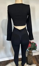 workout Set Size Large Women black tracksuit high rise Leggings Crop Shirt New