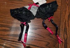 NWT CABERNET LACE FRONT GARTER BELT NYLON/SPANDEX BLK DOT 4244 S