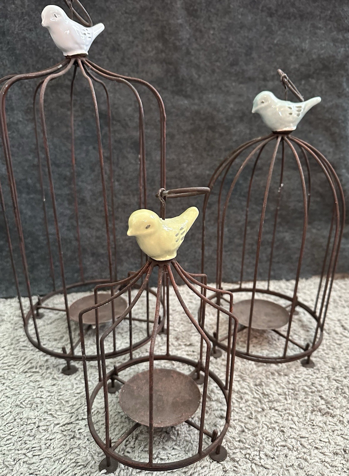 Trio of Rustic Farmhouse Country Metal Decorative Bird Cages with Birds on Top