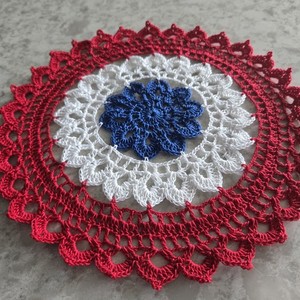 Memorial Independence Day Patriotic crochet lace doily Coaster 10" 