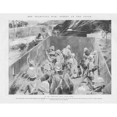 Burenkrieg Truppen im Panzerzug bei Frere - Antikdruck 1899