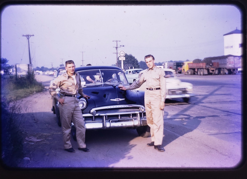 Vtg 1950s 35mm Slide - US Army Soldiers in Front of Chevrolet Car RB Kodachrome