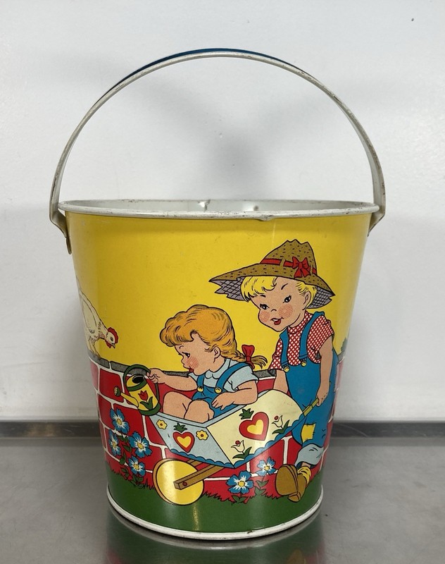Vintage 1940s Ohio Art Tin Litho Sand Pail Children Gardening Farm Scenes