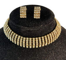 Rhinestone Choker Necklace Earrings Set 6 Rows Gold Necklace Set Pierced Ears