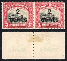 North Borneo SG186 1916 2 Cents on 3c Un-used No Gum Fine and Fresh PAIR