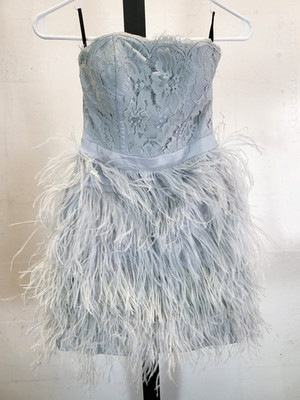 BeBe Strapless Lace & Feather Mini Cocktail Dress Gray/Silver XS/S