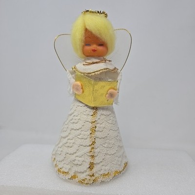 1960s Christmas Angel Tree Topper Blonde Girl White Lace Blue Eyeshadow Vintage