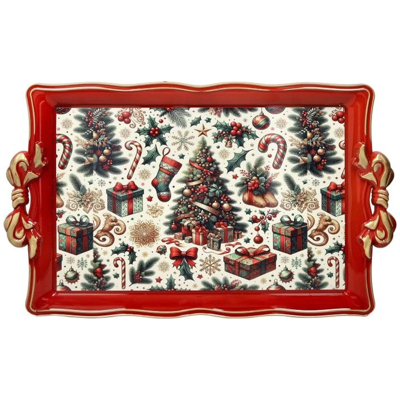 Vassoio Rettangolare 50x30 cm BRANDANI Christmas Rosso Natale Manici a Fiocco, fotografia 9 di 9
