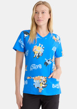 Bluey & Bingo / Scrubstar NEW♈Women's Printed Silky Scrub Top size L~lt.blue/tan