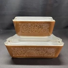 4 Piece Set Pyrex Woodland Brown Tan Vtg Refrigerator Dishes.