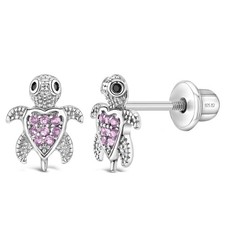 CZ Turtle Kids / Girls Earrings Screw Back Cubic Zirconia Fun - Sterling Silver