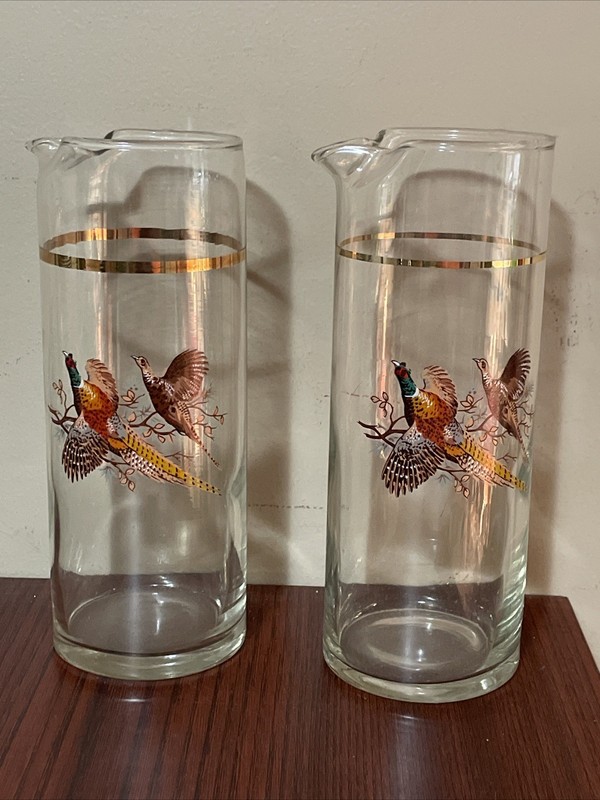 2 Vintage Martini Cocktail Pitcher Glass Barware Birds Pheasants Gold Trim