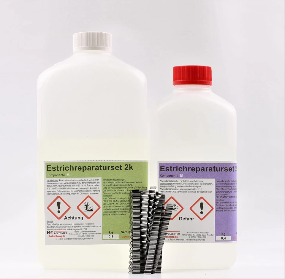 M+T POLYESTER 1,2 Kg Rissharz Estrich-Reparatur Rissverschluss Epoxid Harz+ 20 Estrichklammern