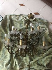 LAMPADARIO A 6 LUCI A GOCCE DI CRISTALLO E OTTONE + COPPE IN VETRO anni 60/70