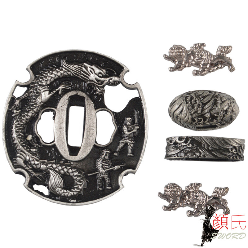 Silvery Dragon Tsuba Kashira Fuchi Menuki For Japanese