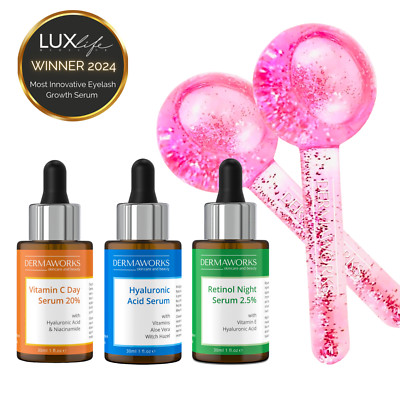 Damen Hautpflege Paket - 3 Serum Geschenkset Anti Aging + Eisroller für Gesicht x2