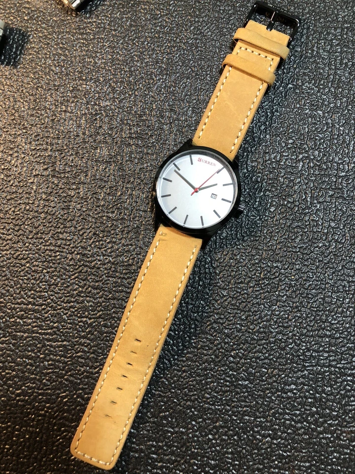 男式黑色石英表灰色表盘带日期棕色皮革表带 8 英寸 45 毫米全新电池 — 第 3/4 张图片