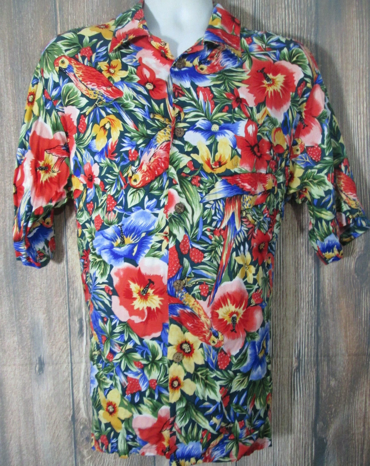 Joe Kealoha Colorful Aloha Hawaiian Floral Tropical Parrot Short Sleeve Shirt