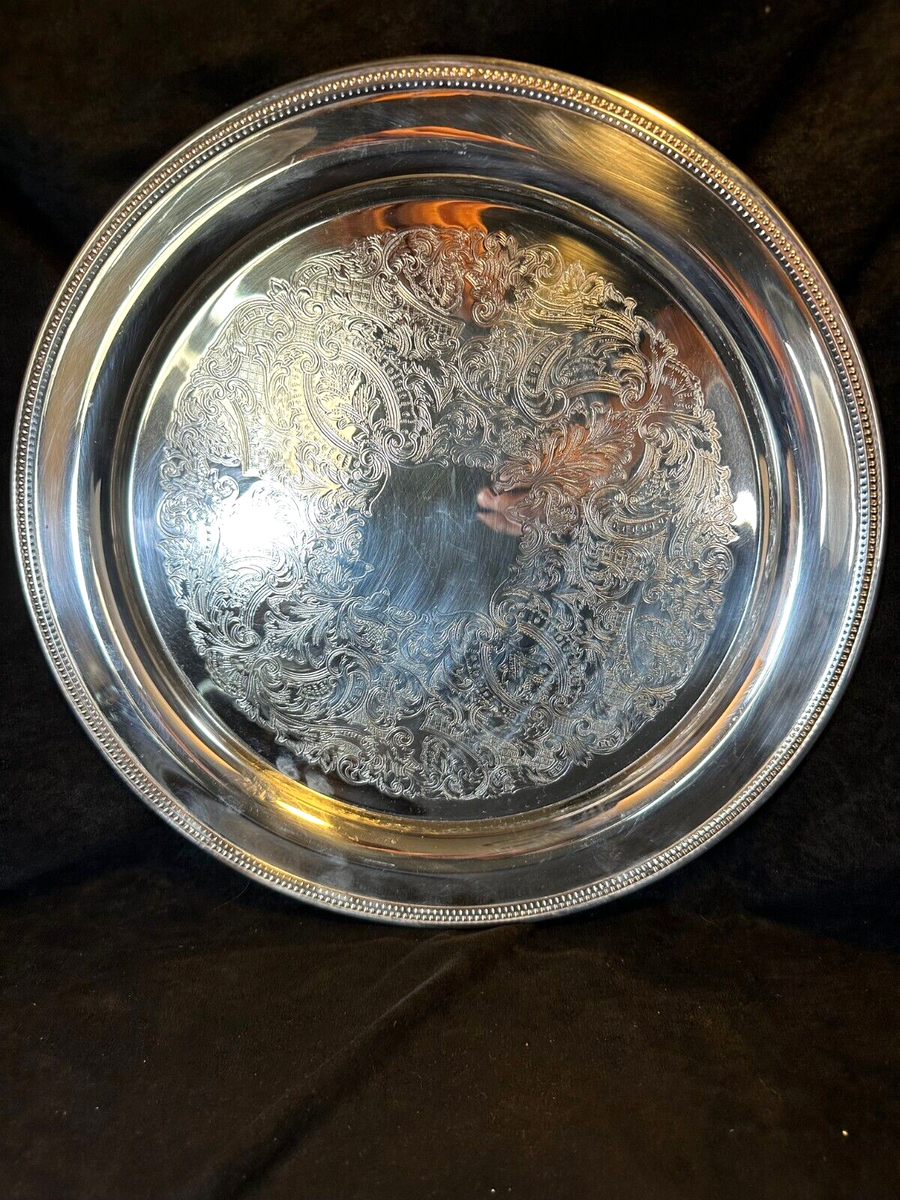 Vintage Oneida OL U.S.A. Etched Round Silver Plate Tray 12.25
