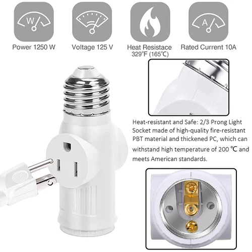 Light Socket To Plug Adapter E26/E27 2/3 Prong Light Bulb Outlet Socket Convert - Picture 9 of 15
