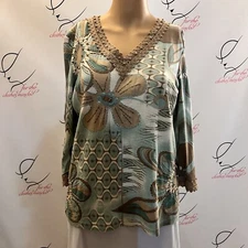 Multiples.  Size M. Aqua Tan Beaded Embroidered 3/4 Sleeve Cotton Pullover. B50
