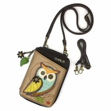 New Chala Wallet Crossbody Pleather Organizer Cellphone Bag OWL Taupe Brown Gift