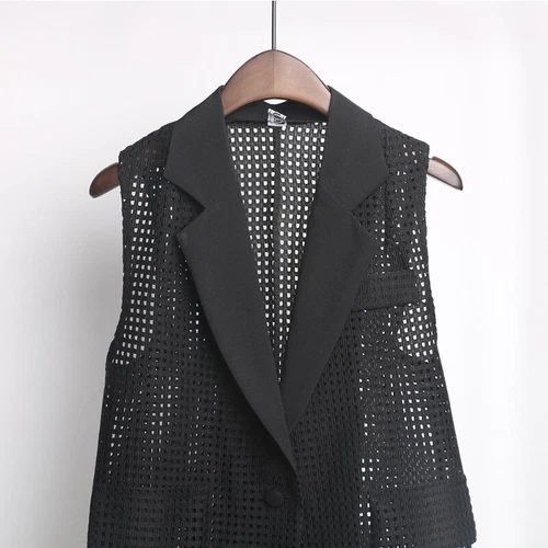 Lady Hollow Out Mesh Gilet Vest Loose Lapel Sleeveless Waistcoat Jacket Tops - Foto 9 di 17