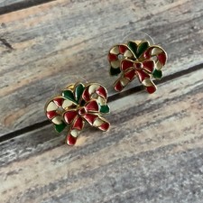 Vintage pierced enamel holiday candy cane post earrings in gold tone
