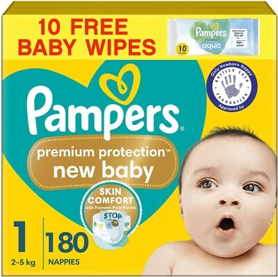 BRANDED Pampers Premium Protection New Baby Size 1, 180 Nappies, 2kg-5kg, Monthly Pack +