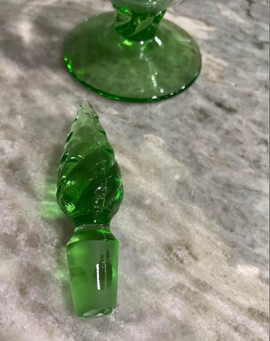 Vintage Empoli Decanter Clear Glass, Green Swirl Handle, Green Swirl