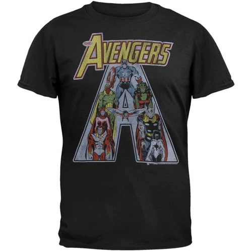 Classic Marvel Comic Book The Avengers Vintage Washed Black Adult T-shirt Tee