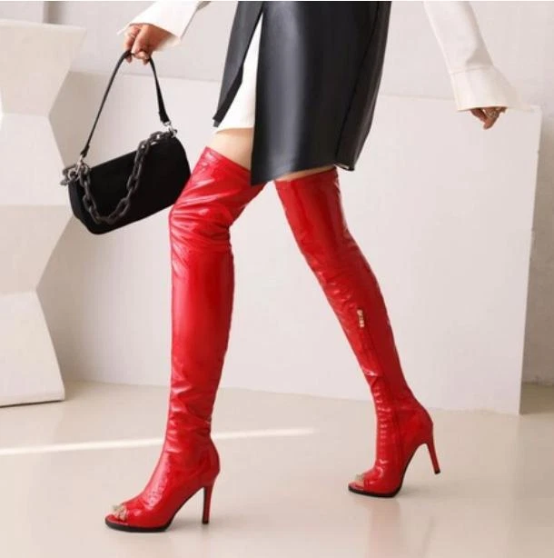 Botas altas hasta el muslo por encima de la rodilla sandalias punta abierta tacón de gatito de 9 cm de altura para mujer Foto 2 de 4