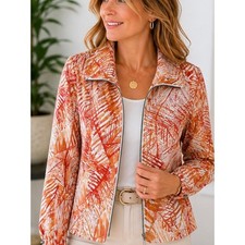 Chico s Leaf Print Zip Front Jacket Size 2 Large Cotton Stretch Orange Tan
