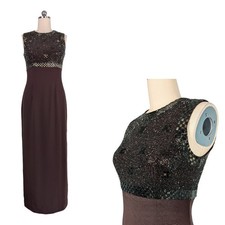 Vintage Oleg Cassini Beaded Maxi Dress Evening Gown 8 Brown Gold Sheath Guest