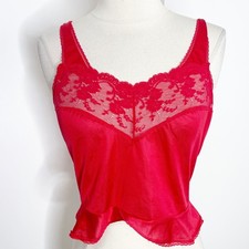 Romantic Red Vintage Satin Lace Yoke Ruffle Hem Camisole Lingerie Tank Top XS/S