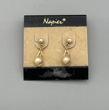 VTG Napier Pearl Drop Dangling Pierced Earrings Gold Tone New Original Packaging