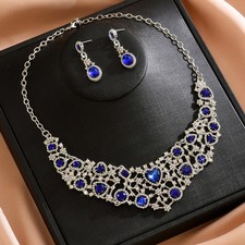 Red/Blue/Green Crystal Rhinestone Round Heart Necklace Earrings Jewelry Set