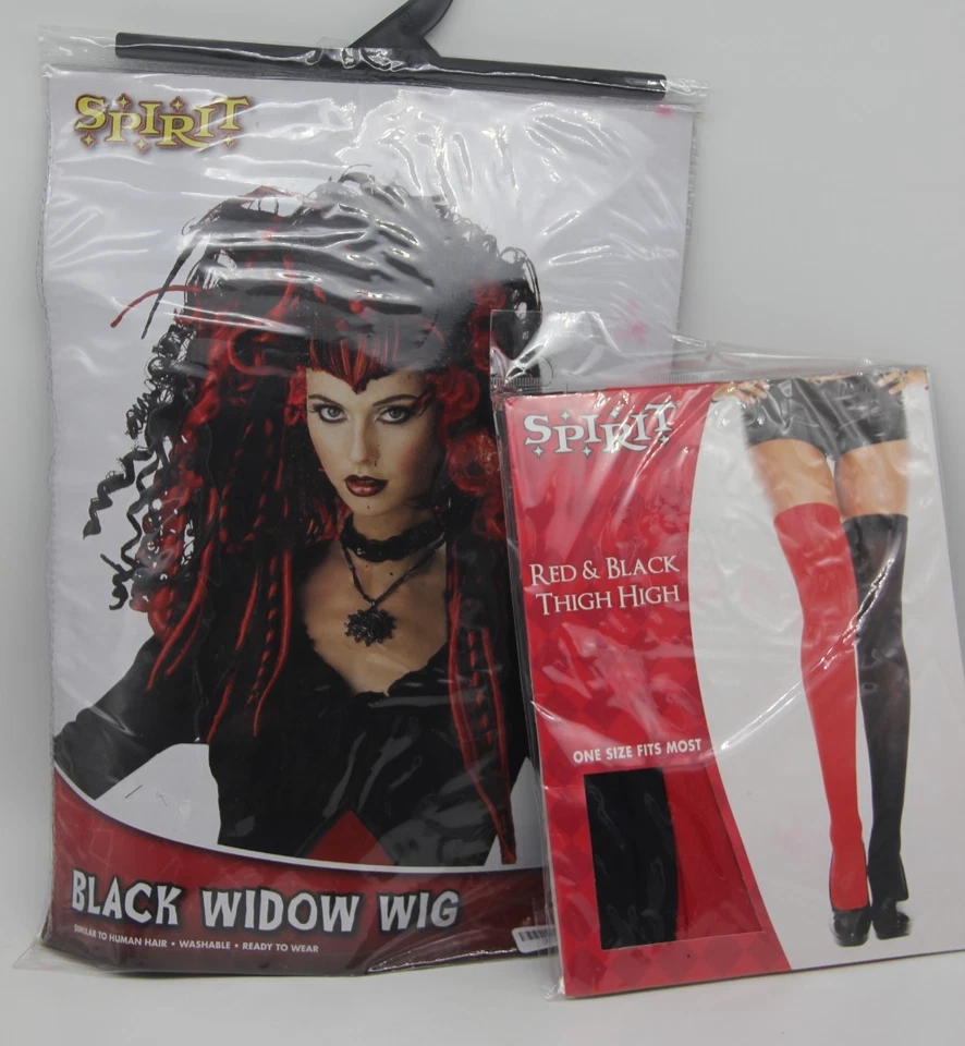 Red & Black Long Curly Costume Wig Cosplay Widow Spider Gothic Anime Vampire 2pc - Image 2 of 4