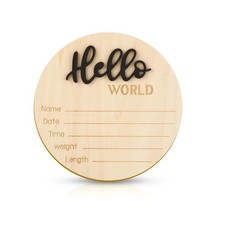 Baby Announcement Sign, 5.9 Inch Wooden Hello World Newborn Welcome Sign for