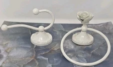 Vtg White Cast Iron Ornate Flower Towel Ring & Matching Hook Rustic Shabby Chic