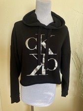 Calvin Klein Jeans Cotton Blend Relaxed Crop Silver Logo Black Hoodie Size XS