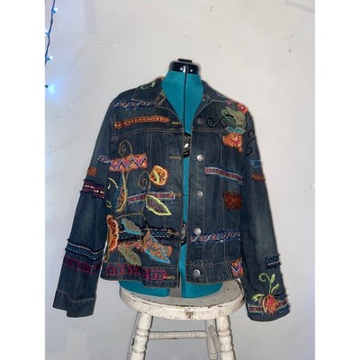 Chico's Embroidered Patchwork Denim Jacket Statement Whimsy Floral Boho Size 1