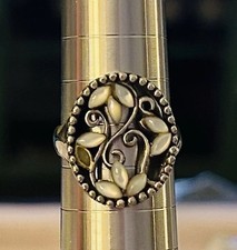 Vintage Sterling Silver Ring w/ Mother-of-Pearl Inlay  Beaded Filigree Sz 6.75