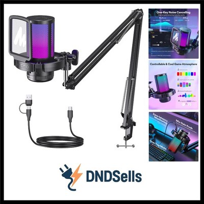 Gaming USB Mikrofon, Noise Cancellation Kondensator Mic mit Mute, Gain, Monit...