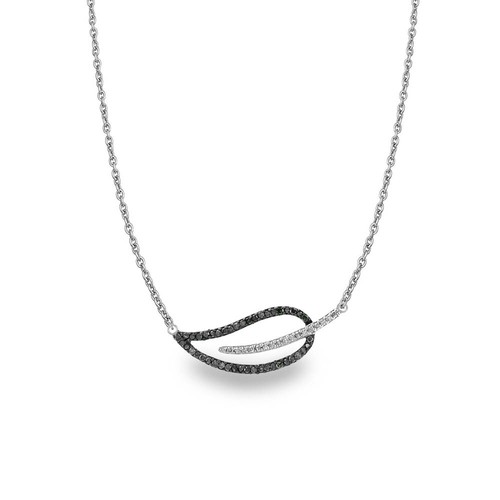 Diamond White & Black Leaf shaped pendant Necklace Sterling Silver White Gold - Picture 3 of 4