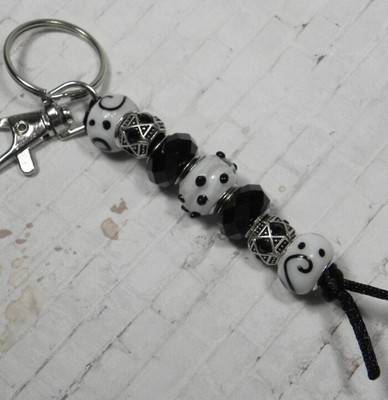 Murano Metal Beaded Handmade Split Ring Keychain Hook Black White Dot Swirl New