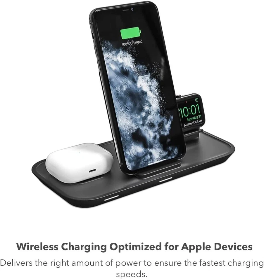 Soporte de carga inalámbrico 3 en 1 mophie para Apple iPhone, AirPods/AirPods Pro 7,5 W Foto 2 de 4