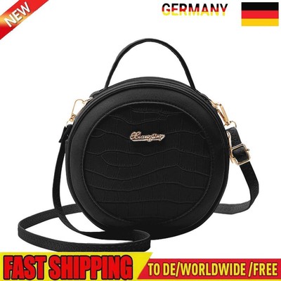 3Pcs Women Round Shoulder Bag Alligator PU Circle Zip Crossbody Handbag (Black)