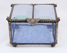 Vintage Metal  Blue / Clear Beveled Glass Trinket Box Textured Glass Bottom