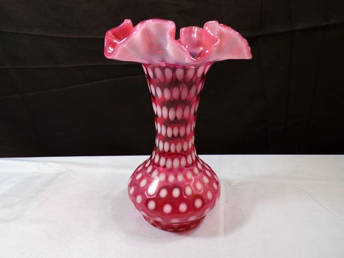 Vintage Fenton Cranberry Opalescent Glass POLKA DOT Vase 7 1/2" Tall INV4